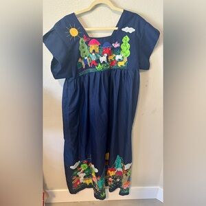 Handmade hand Embroidered Vintage Mexican Huipil Dress Caftan Gown Blue boho